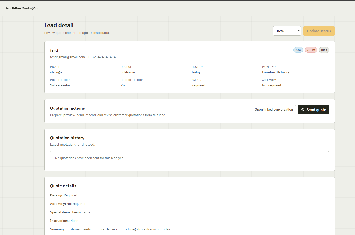 Lead dashboard with moving quote request details