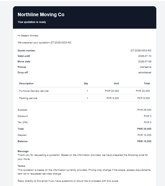 Professional moving quote email preview